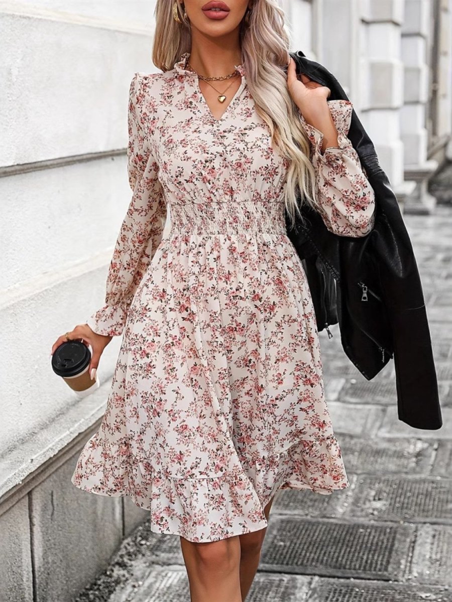 Ruffle Hem Floral Surplice Long Sleeve Dress - Day Dress
