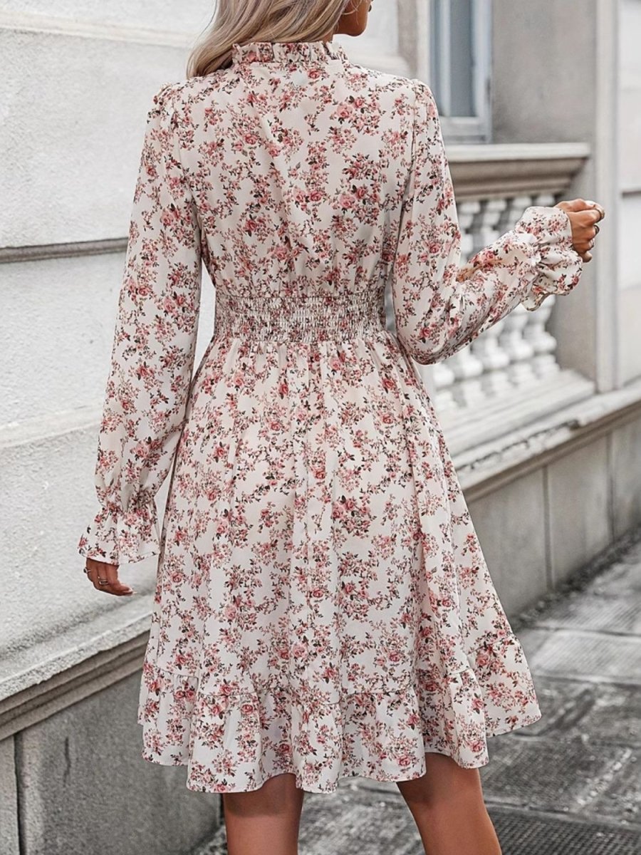 Ruffle Hem Floral Surplice Long Sleeve Dress - Day Dress