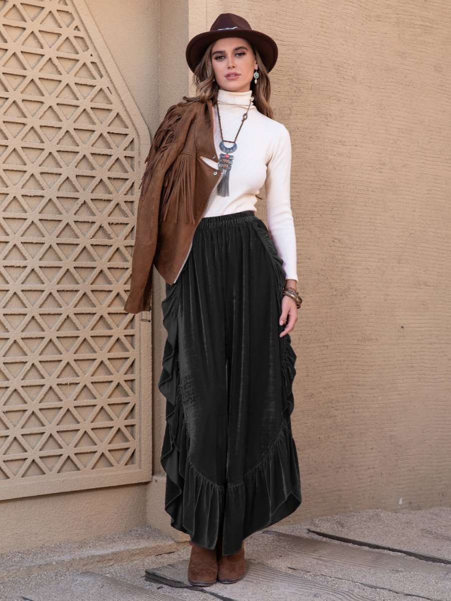 Ruffle Trim Wide Leg Slit Pants - Bottoms