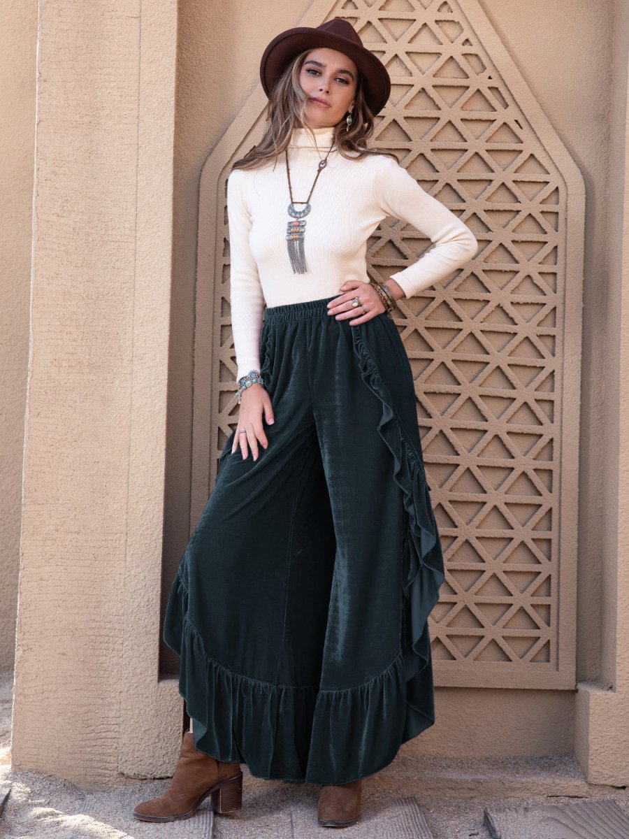 Ruffle Trim Wide Leg Slit Pants - Bottoms