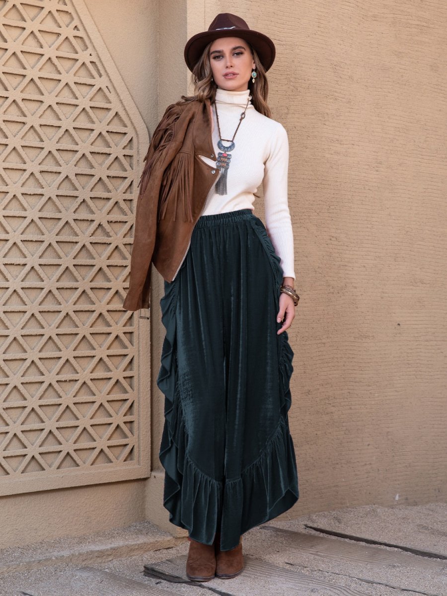 Ruffle Trim Wide Leg Slit Pants - Bottoms