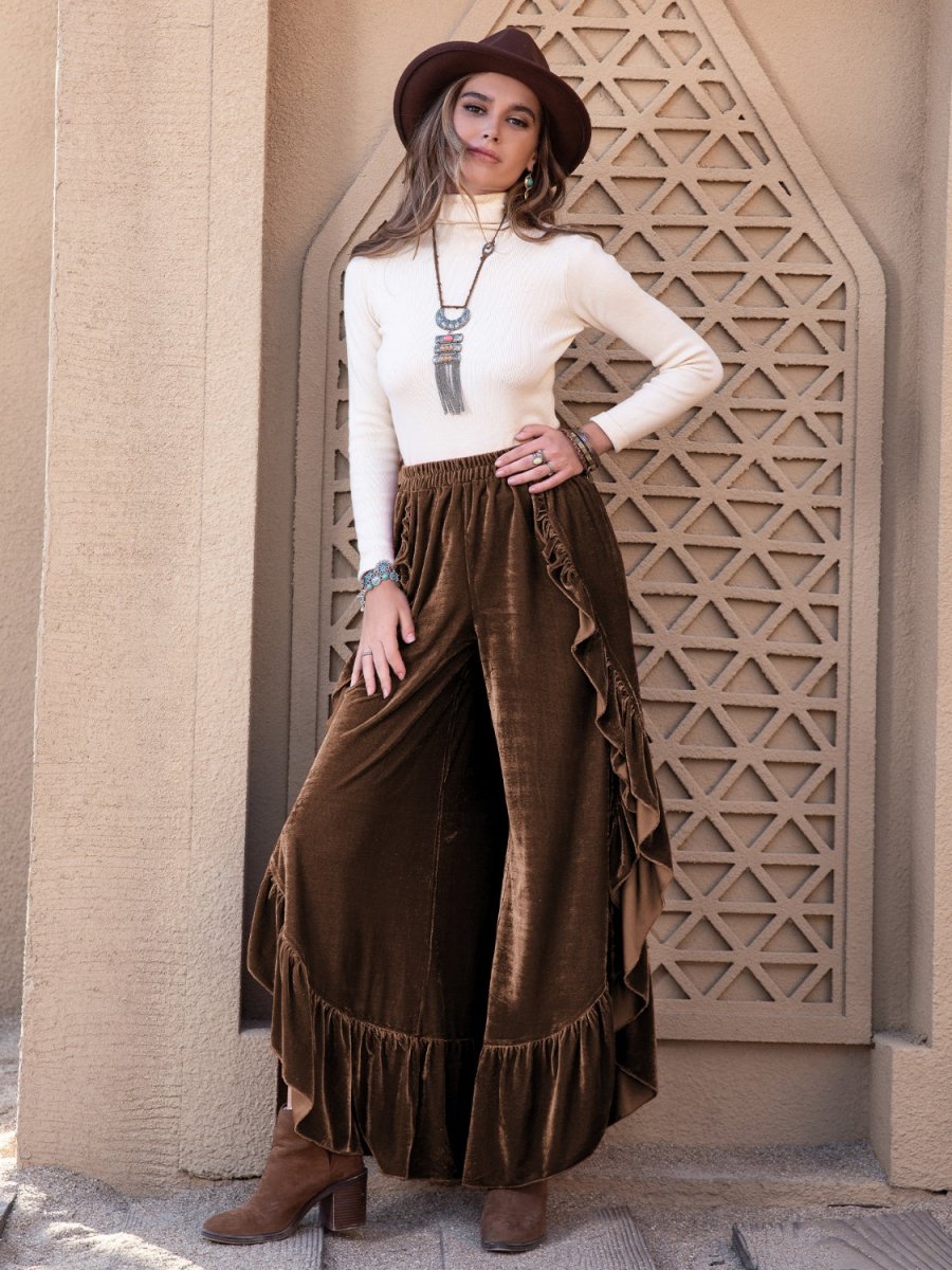 Ruffle Trim Wide Leg Slit Pants - Bottoms