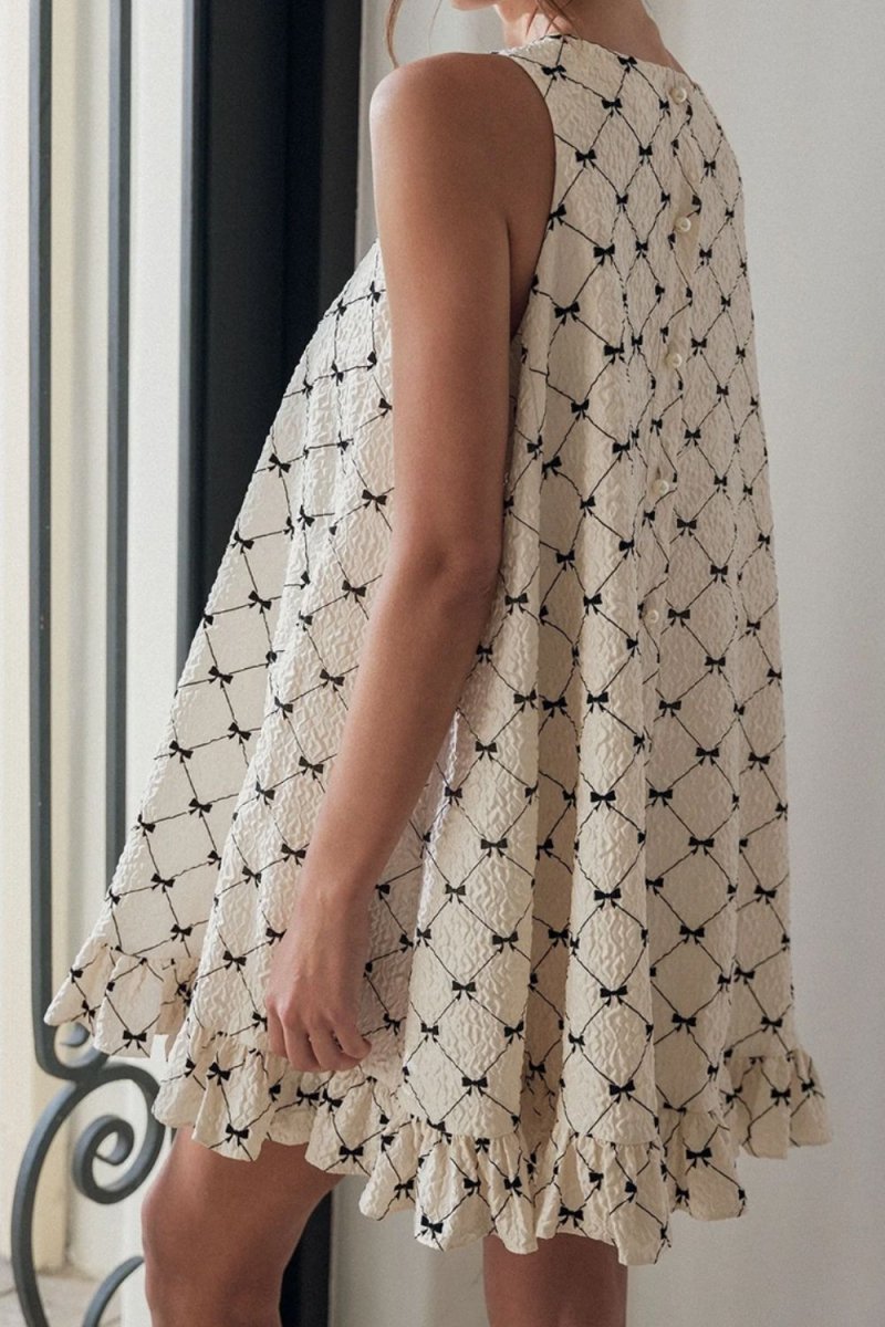 Ruffled Hem Bow Print Sleeveless Mini Dress - New Arrivals