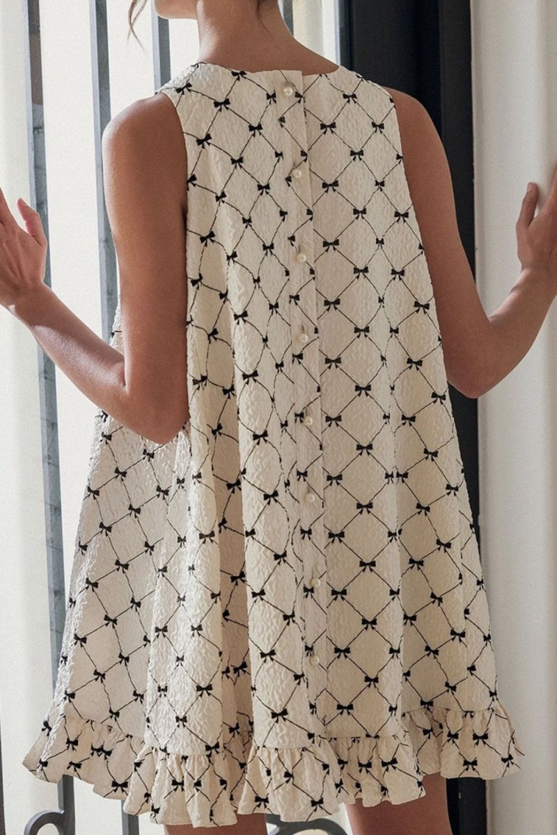 Ruffled Hem Bow Print Sleeveless Mini Dress - New Arrivals