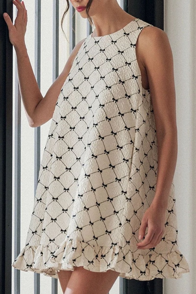 Ruffled Hem Bow Print Sleeveless Mini Dress - New Arrivals