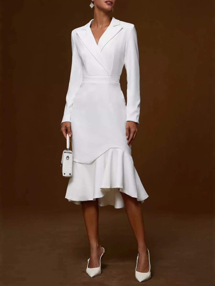 Ruffled Hem Long Sleeve Midi Blazer Dress - 