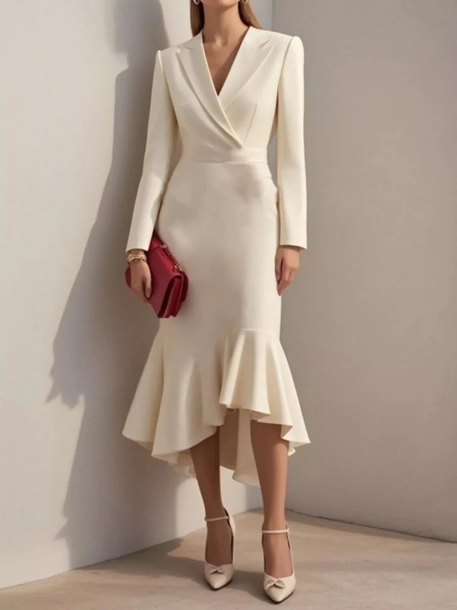 Ruffled Hem Long Sleeve Midi Blazer Dress - 