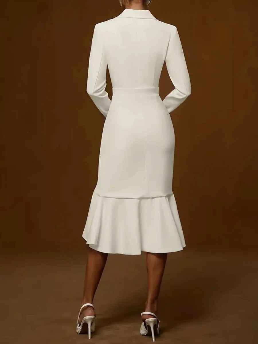 Ruffled Hem Long Sleeve Midi Blazer Dress - 