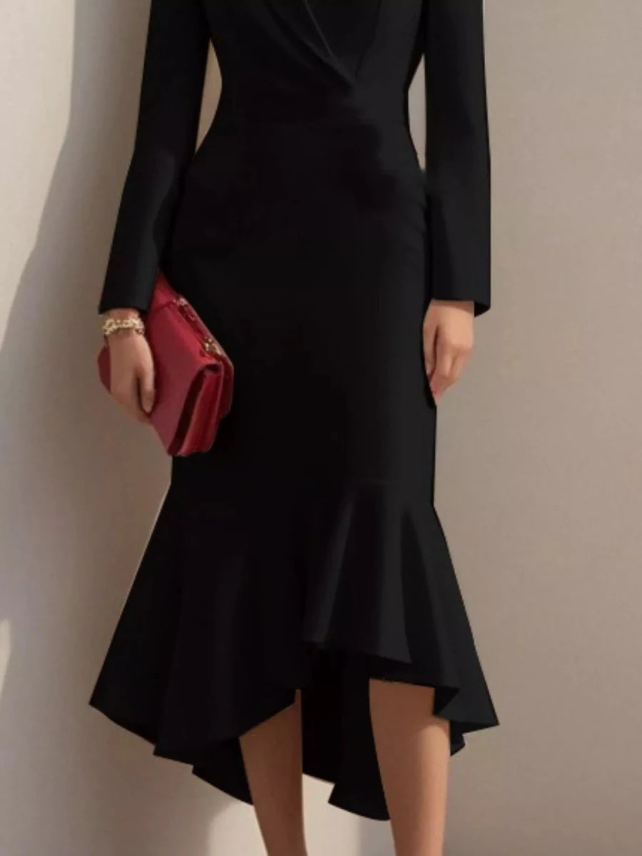 Ruffled Hem Long Sleeve Midi Blazer Dress - 