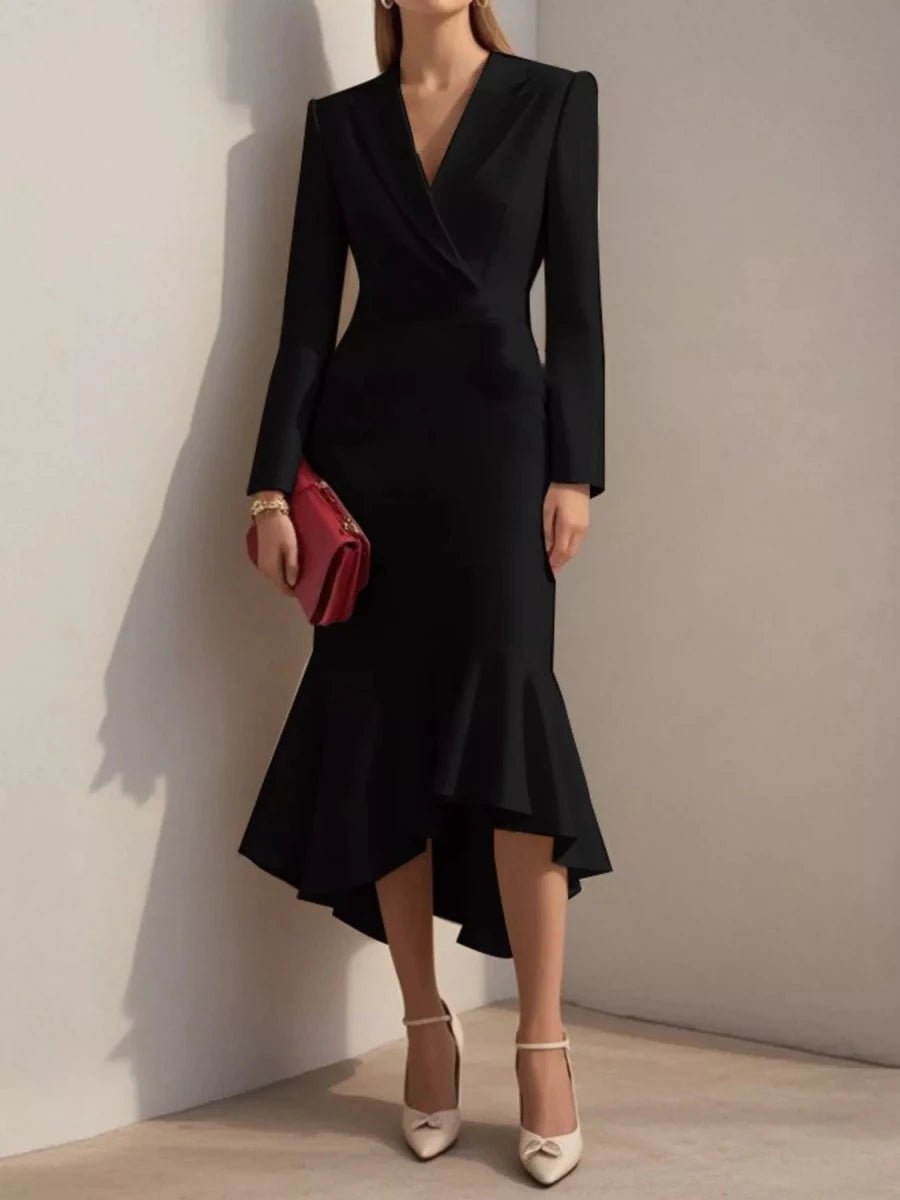 Ruffled Hem Long Sleeve Midi Blazer Dress - 