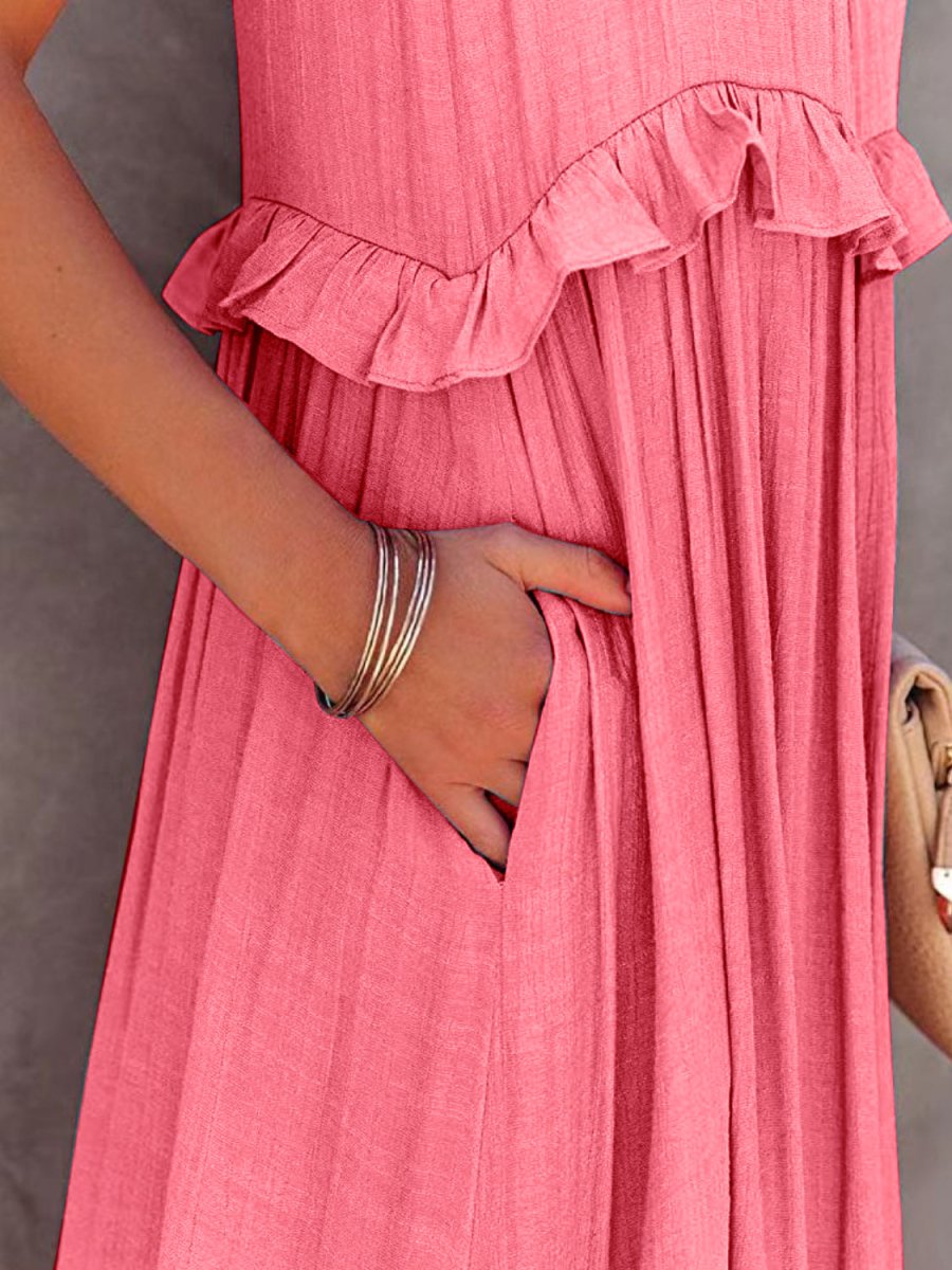 Ruffled Sleeveless Tiered Maxi Dress with Pockets - Nightout dress