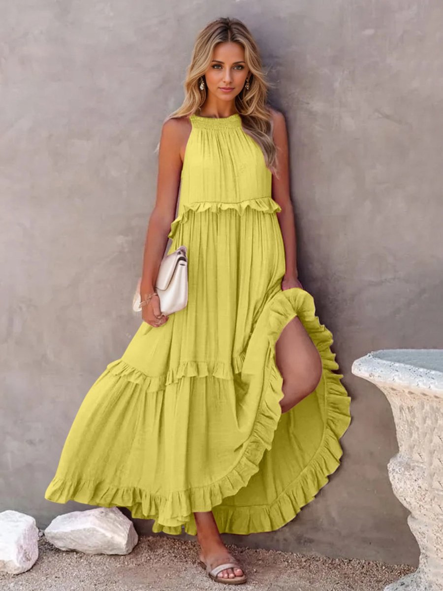 Ruffled Sleeveless Tiered Maxi Dress with Pockets - Nightout dress