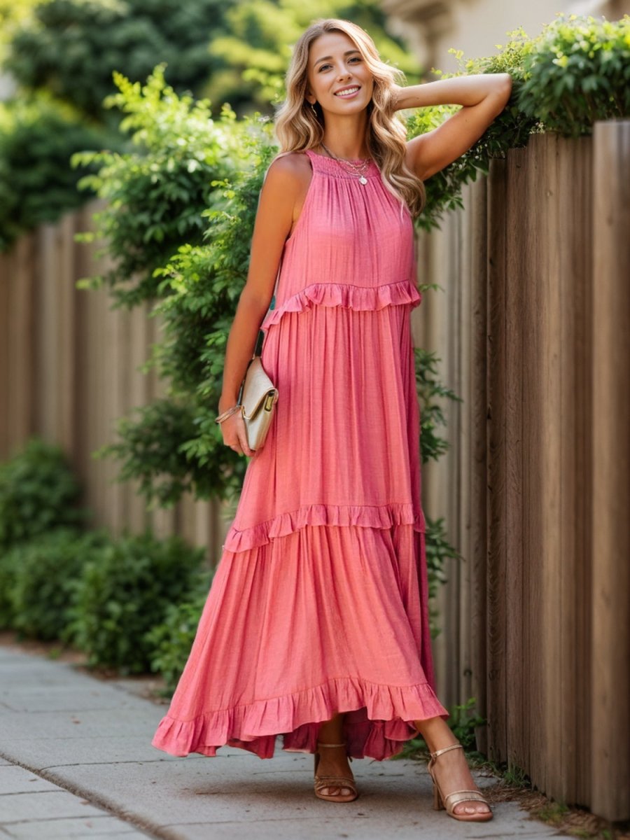 Ruffled Sleeveless Tiered Maxi Dress with Pockets - Nightout dress