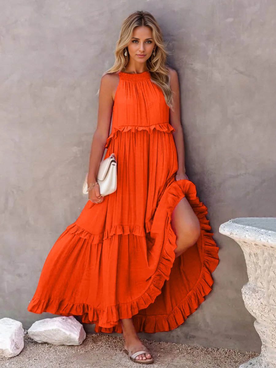 Ruffled Sleeveless Tiered Maxi Dress with Pockets - Nightout dress