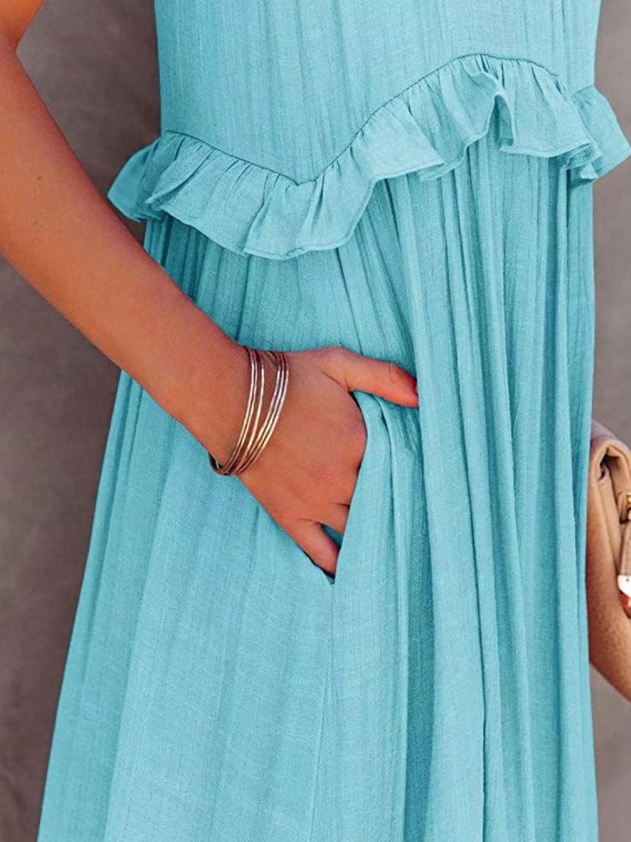 Ruffled Sleeveless Tiered Maxi Dress with Pockets - Nightout dress