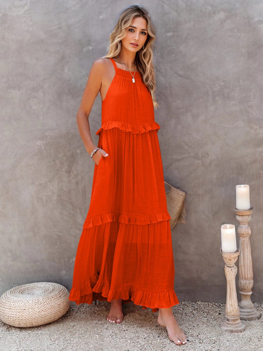 Ruffled Sleeveless Tiered Maxi Dress with Pockets - Nightout dress