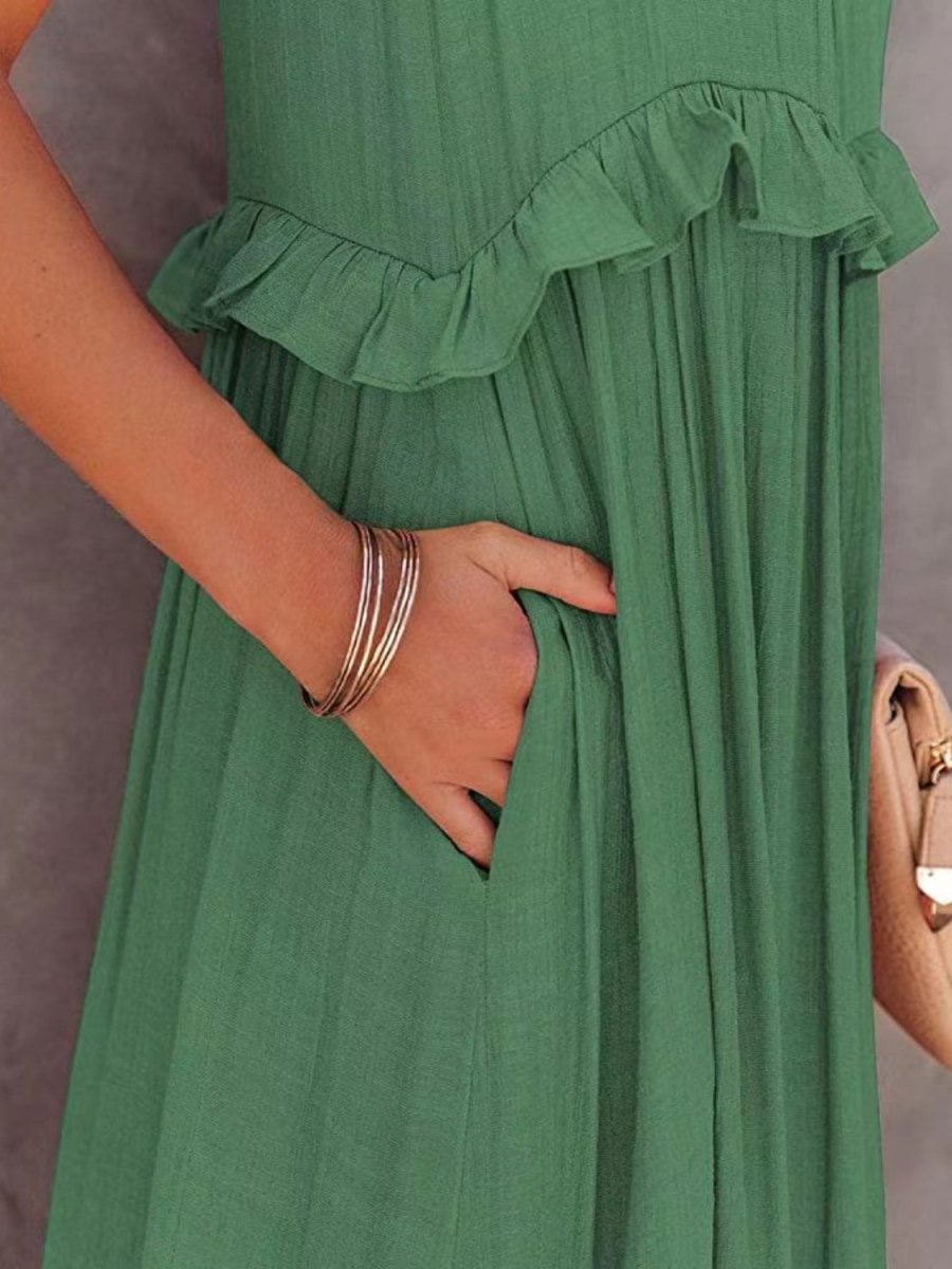 Ruffled Sleeveless Tiered Maxi Dress with Pockets - Nightout dress