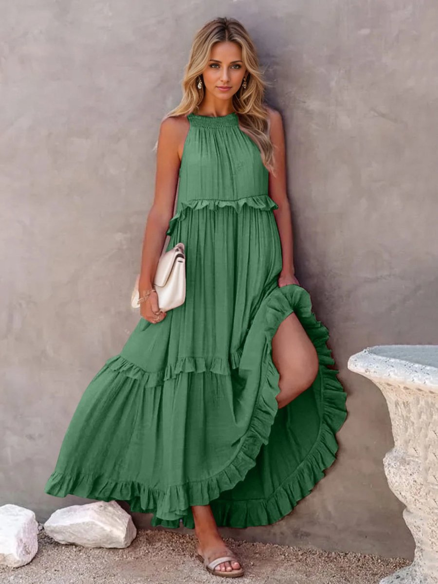 Ruffled Sleeveless Tiered Maxi Dress with Pockets - Nightout dress