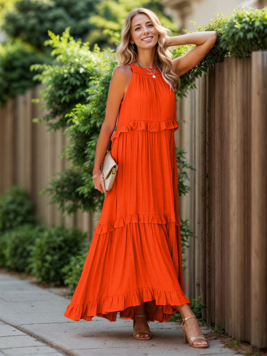 Ruffled Sleeveless Tiered Maxi Dress with Pockets - Nightout dress