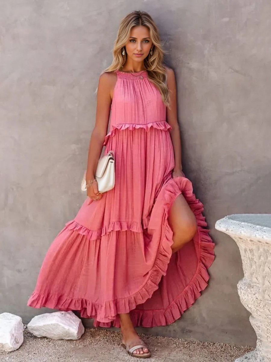 Ruffled Sleeveless Tiered Maxi Dress with Pockets - Nightout dress