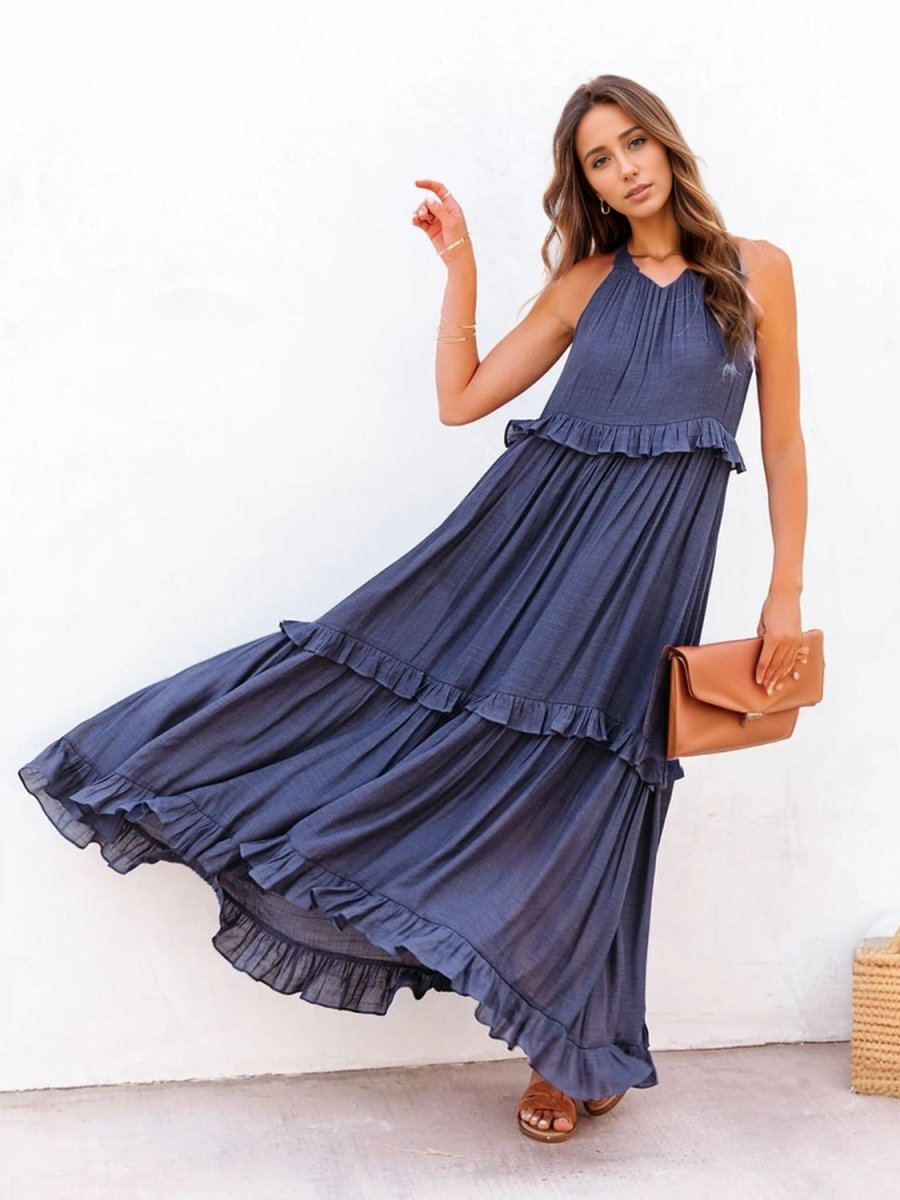Ruffled Sleeveless Tiered Maxi Dress with Pockets - Nightout dress