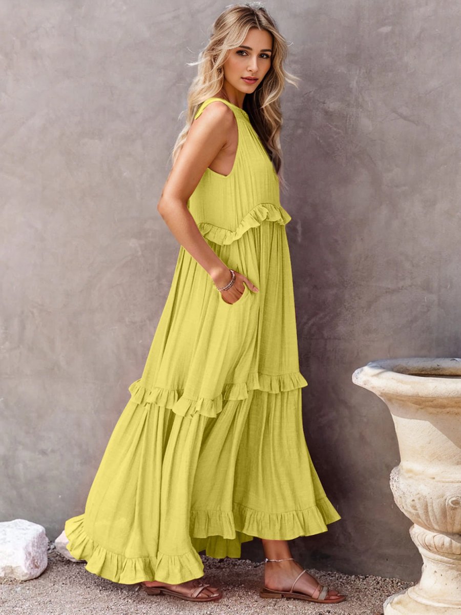 Ruffled Sleeveless Tiered Maxi Dress with Pockets - Nightout dress