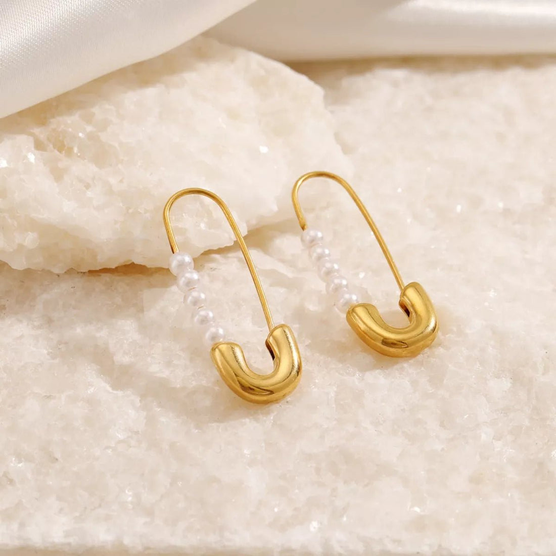 Safety Pin Pearl Accent Earrings - 