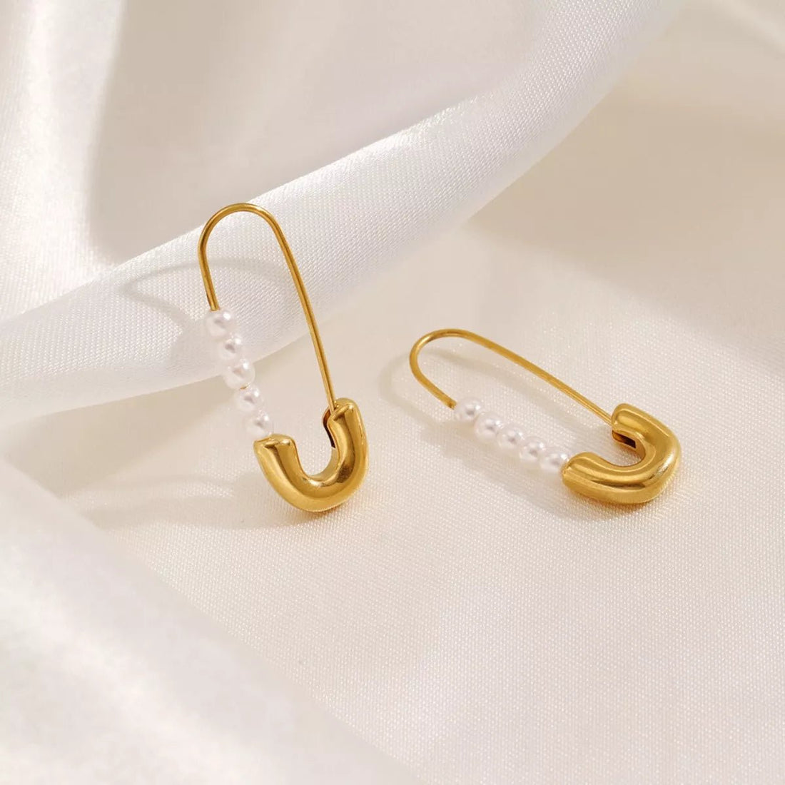 Safety Pin Pearl Accent Earrings - 