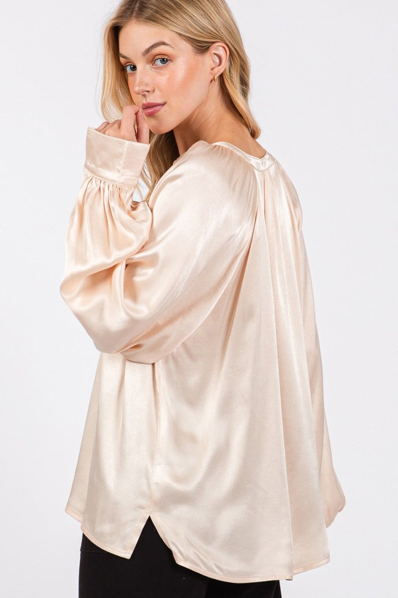 SAGE + FIG Notched Long Sleeve Blouse - Top