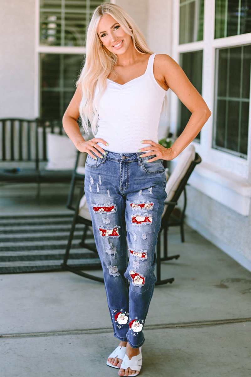 Santa Graphic Distressed Jeans with Pockets - Bottoms