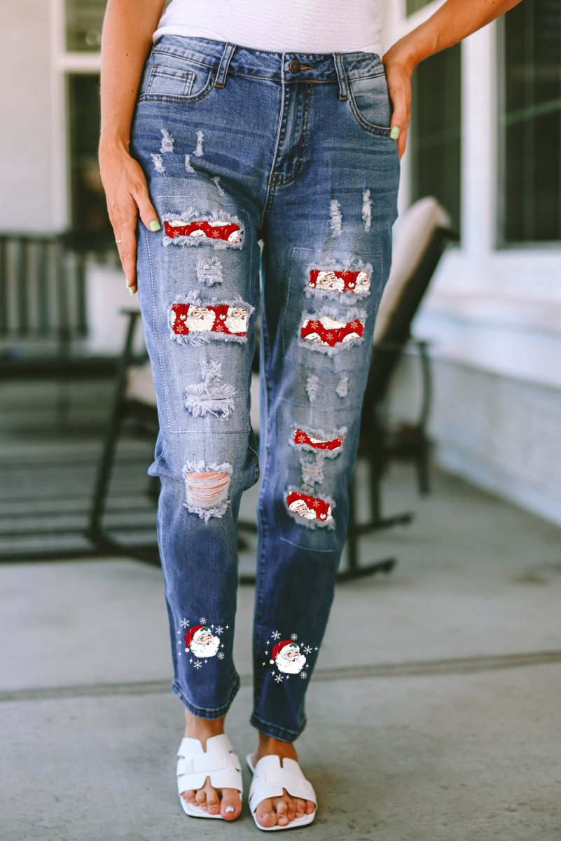 Santa Graphic Distressed Jeans with Pockets - Bottoms