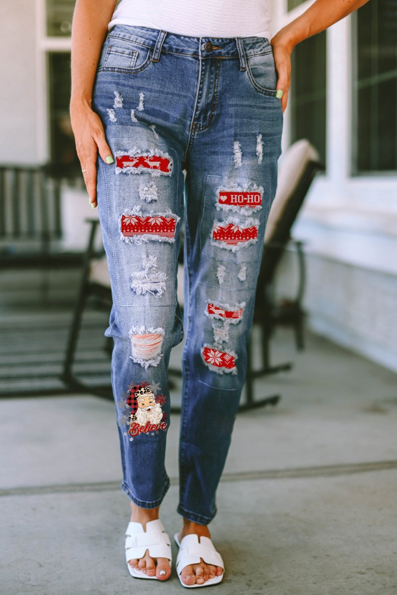 Santa Graphic Distressed Straight Jeans - Bottoms