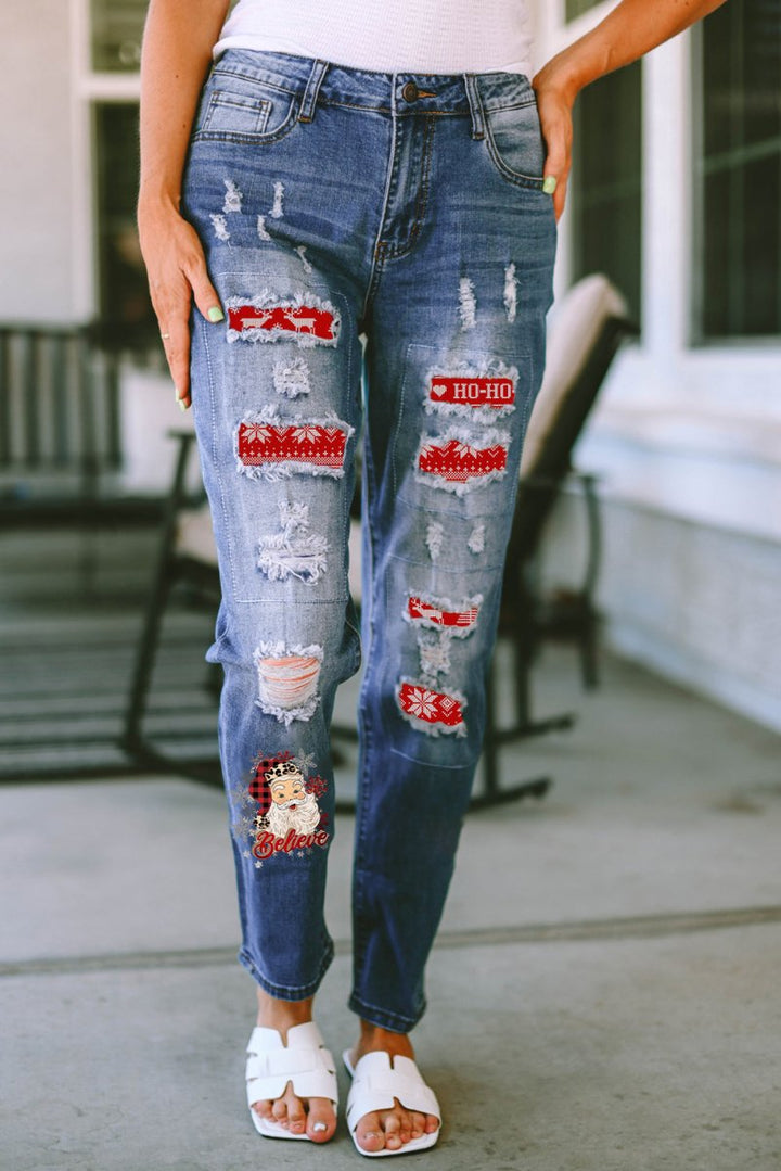 Santa Graphic Distressed Straight Jeans - Bottoms