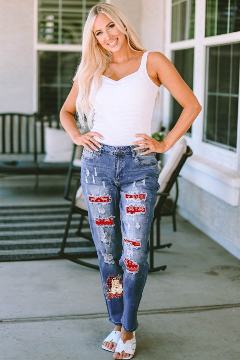 Santa Graphic Distressed Straight Jeans - Bottoms