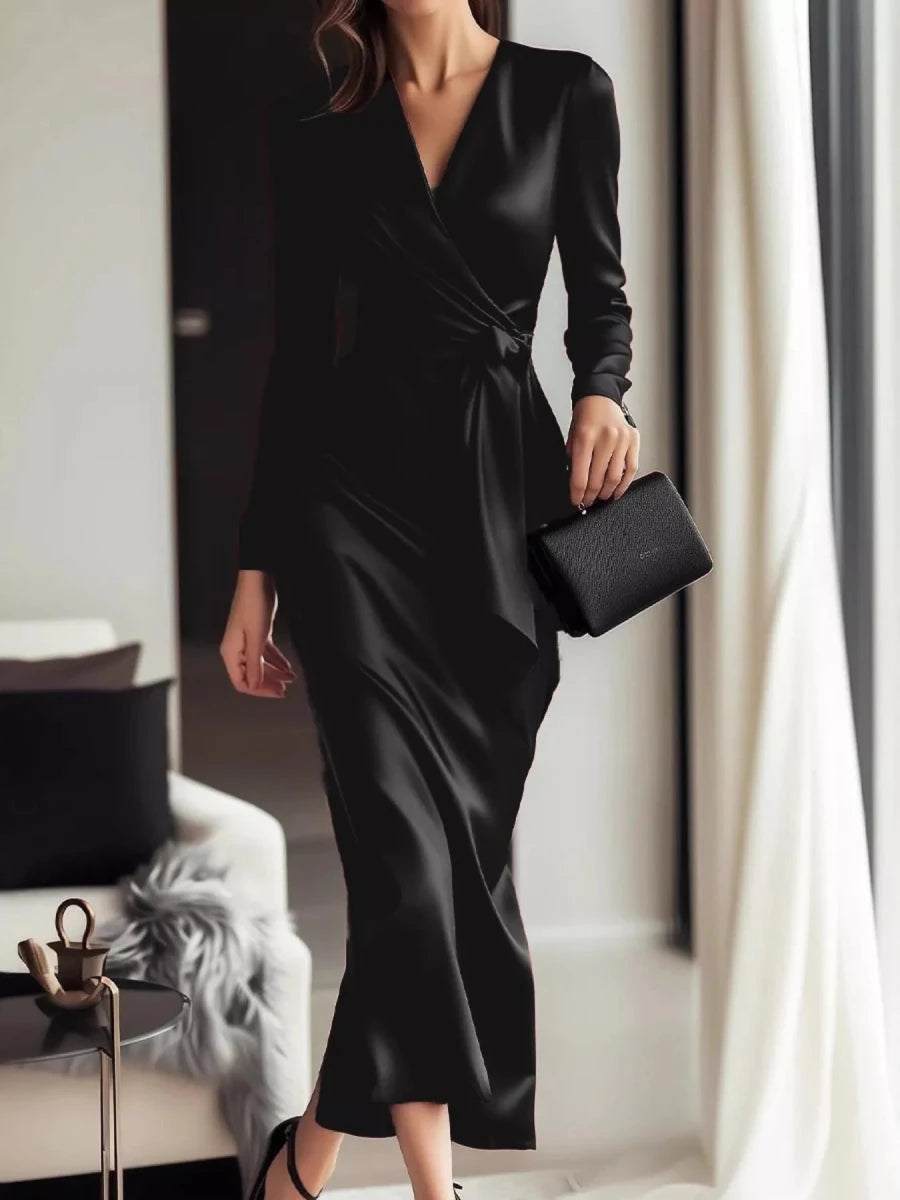 Satin Wrap Long Sleeve Midi Dress - 