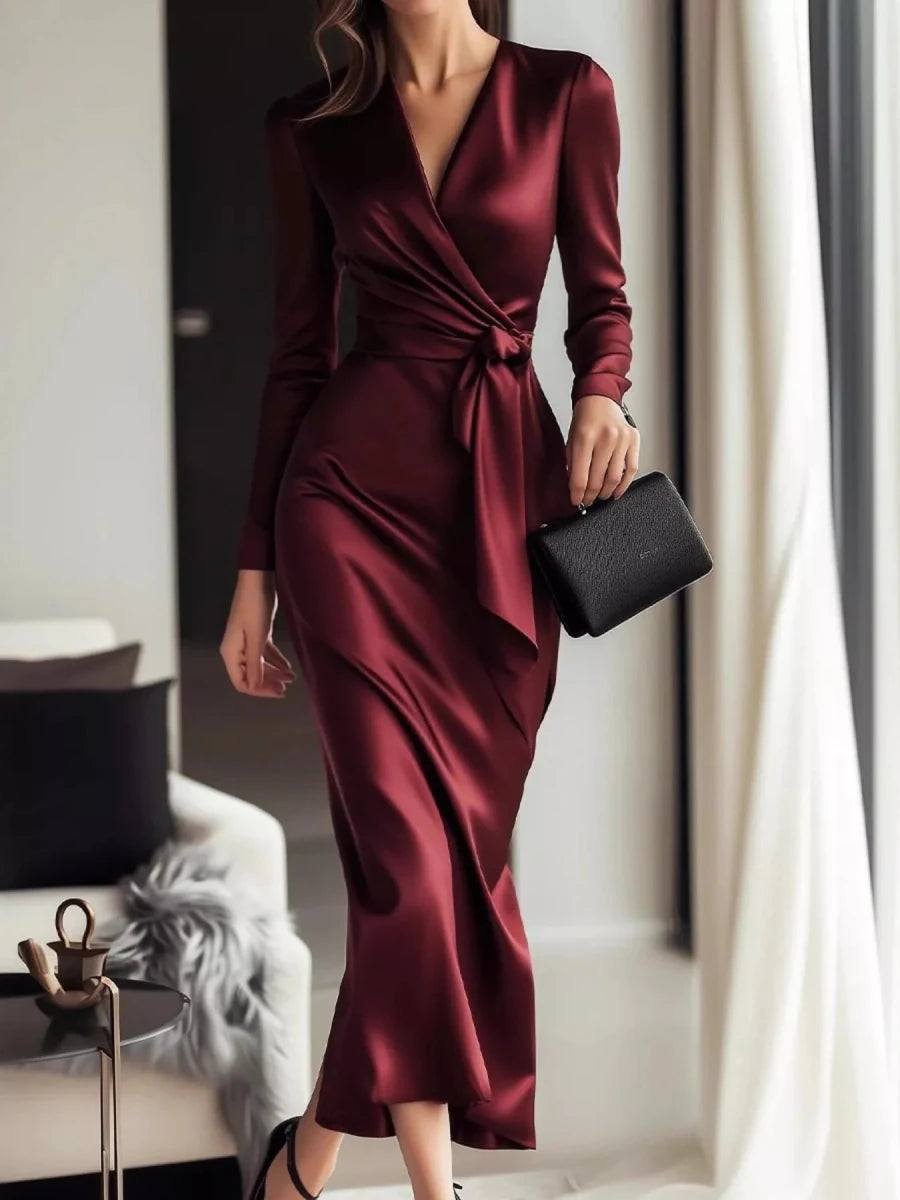Satin Wrap Long Sleeve Midi Dress - 
