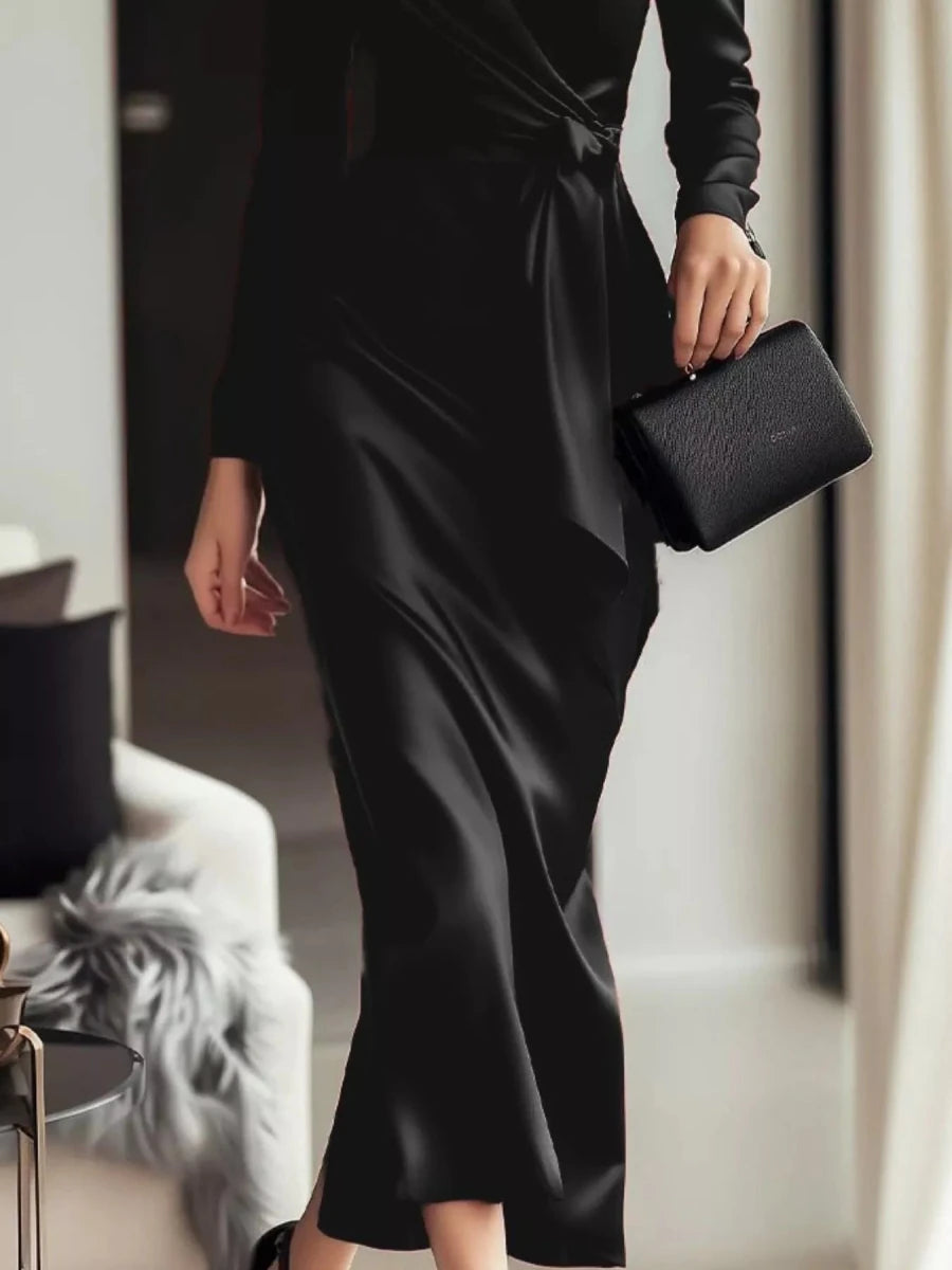 Satin Wrap Long Sleeve Midi Dress - 