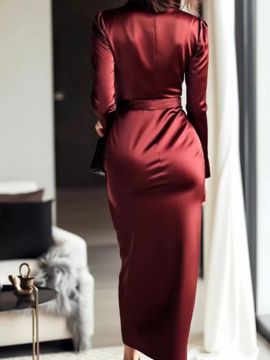 Satin Wrap Long Sleeve Midi Dress - 