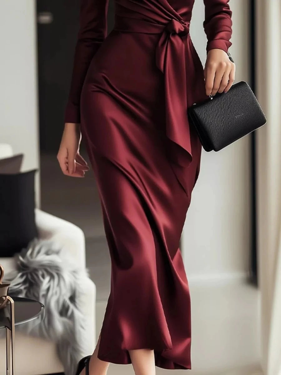 Satin Wrap Long Sleeve Midi Dress - 