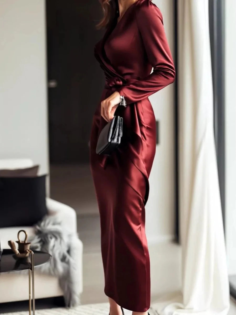 Satin Wrap Long Sleeve Midi Dress - 