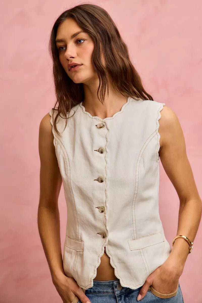Scalloped Edge Cotton Twill Vest Top - 