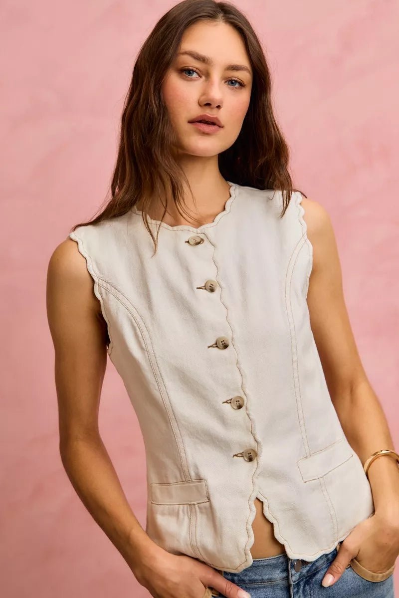 Scalloped Edge Cotton Twill Vest Top - 