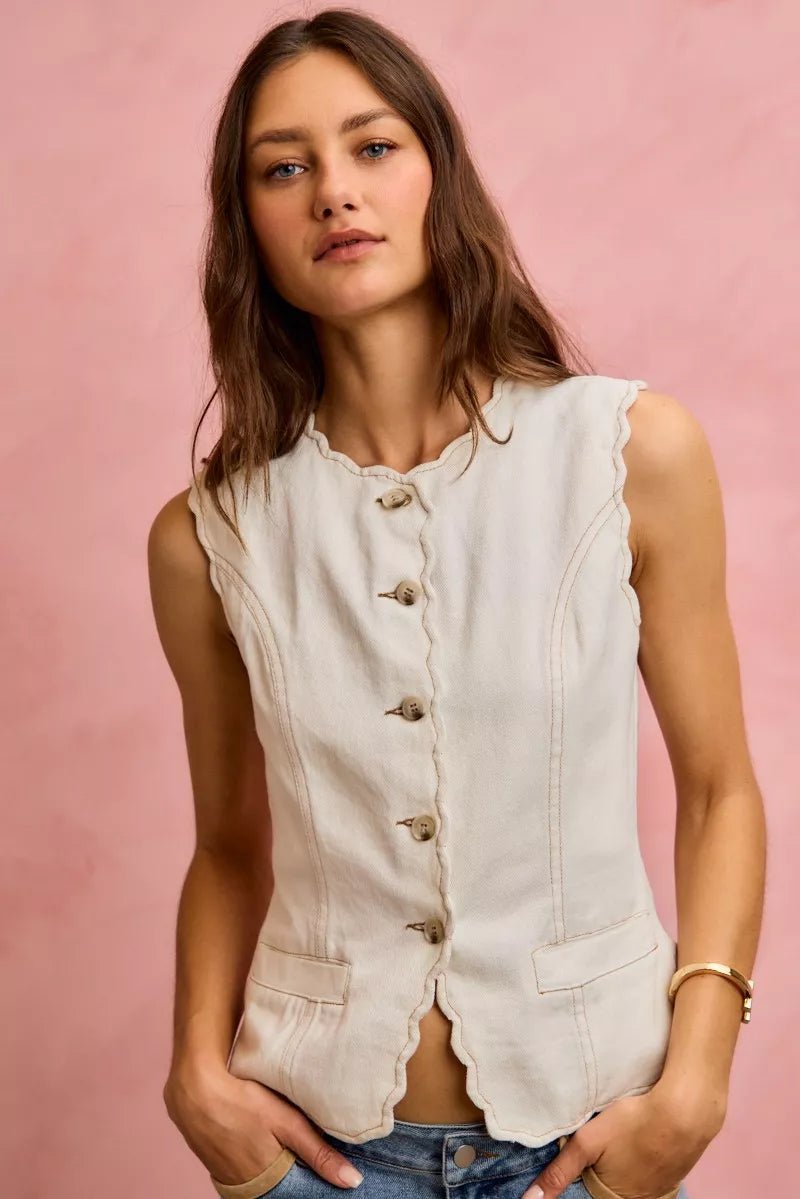 Scalloped Edge Cotton Twill Vest Top - 