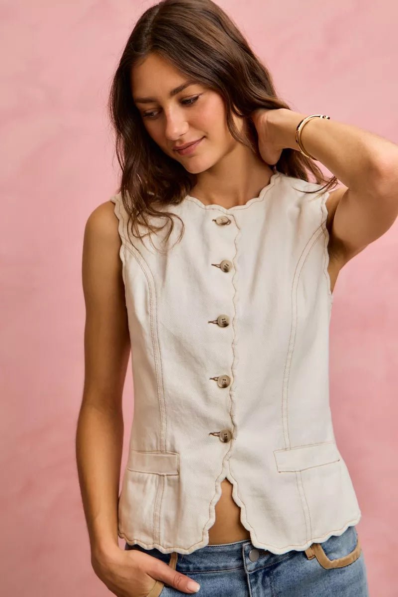 Scalloped Edge Cotton Twill Vest Top - 