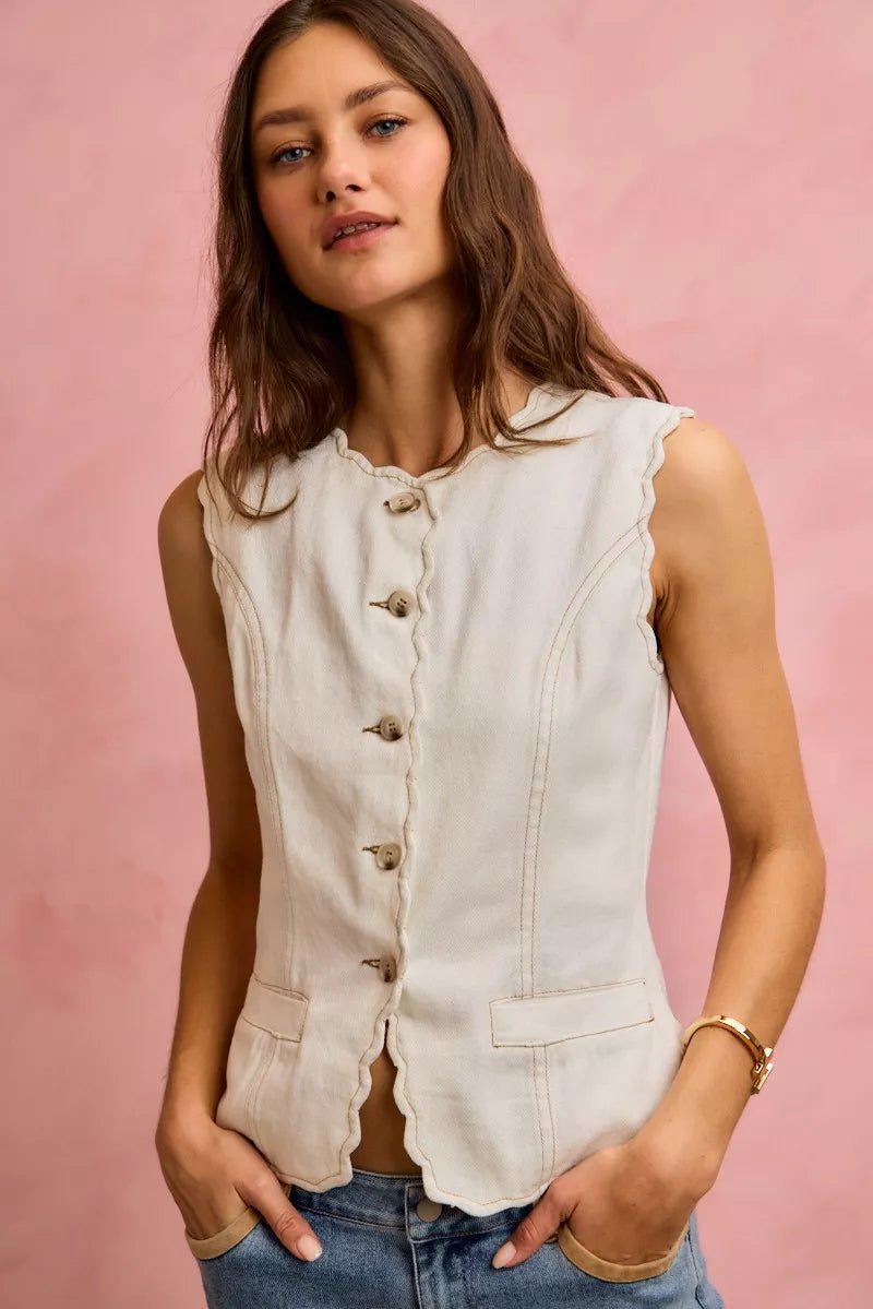 Scalloped Edge Cotton Twill Vest Top - 
