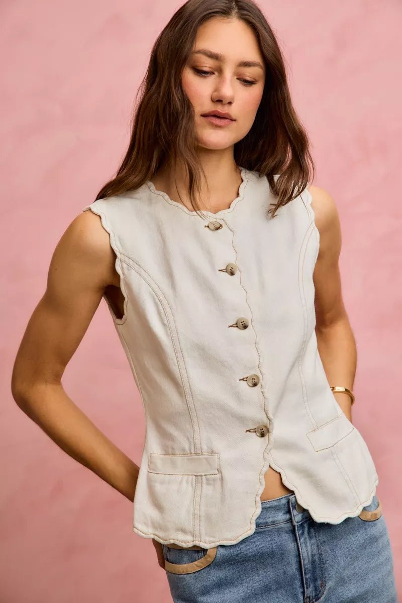 Scalloped Edge Cotton Twill Vest Top - 