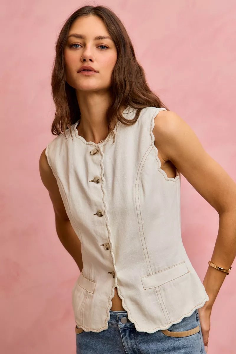 Scalloped Edge Cotton Twill Vest Top - 