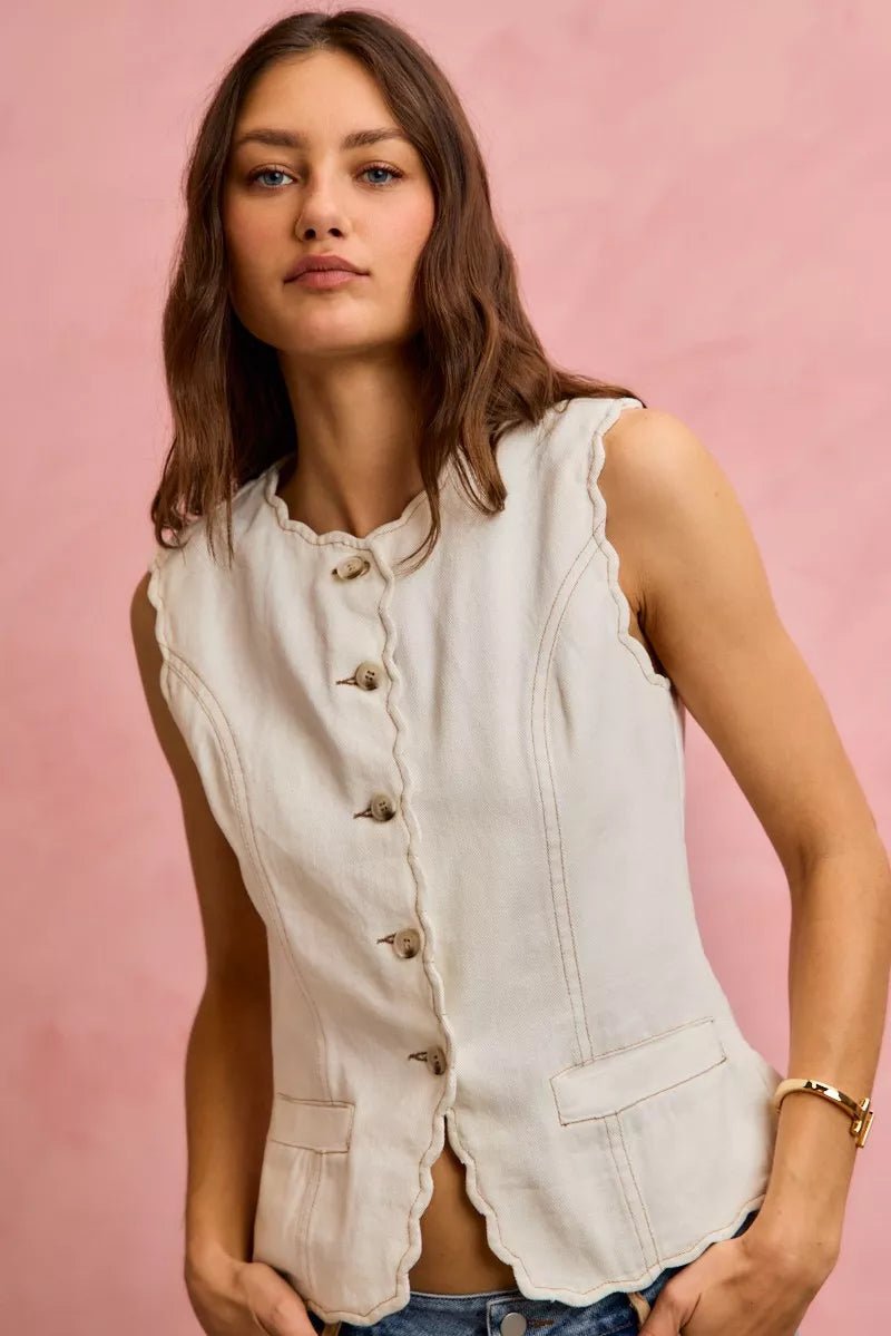 Scalloped Edge Cotton Twill Vest Top - 