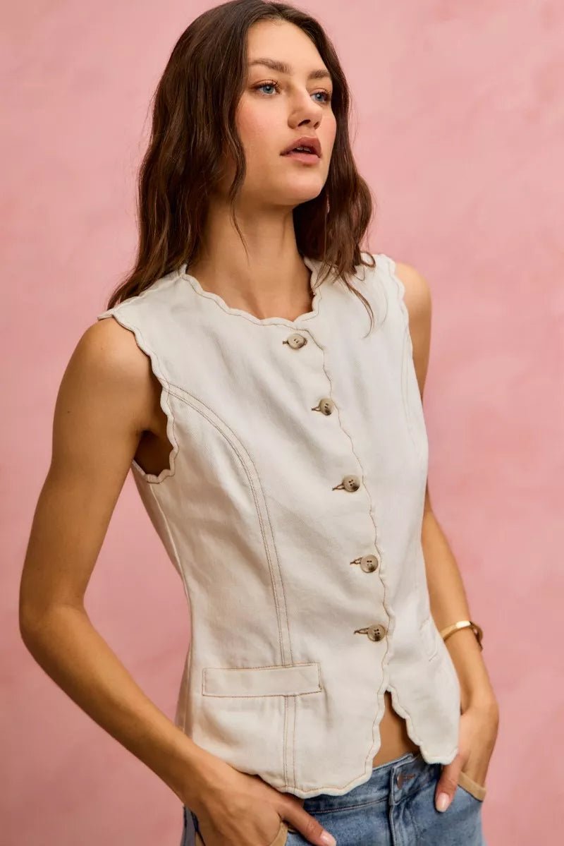 Scalloped Edge Cotton Twill Vest Top - 