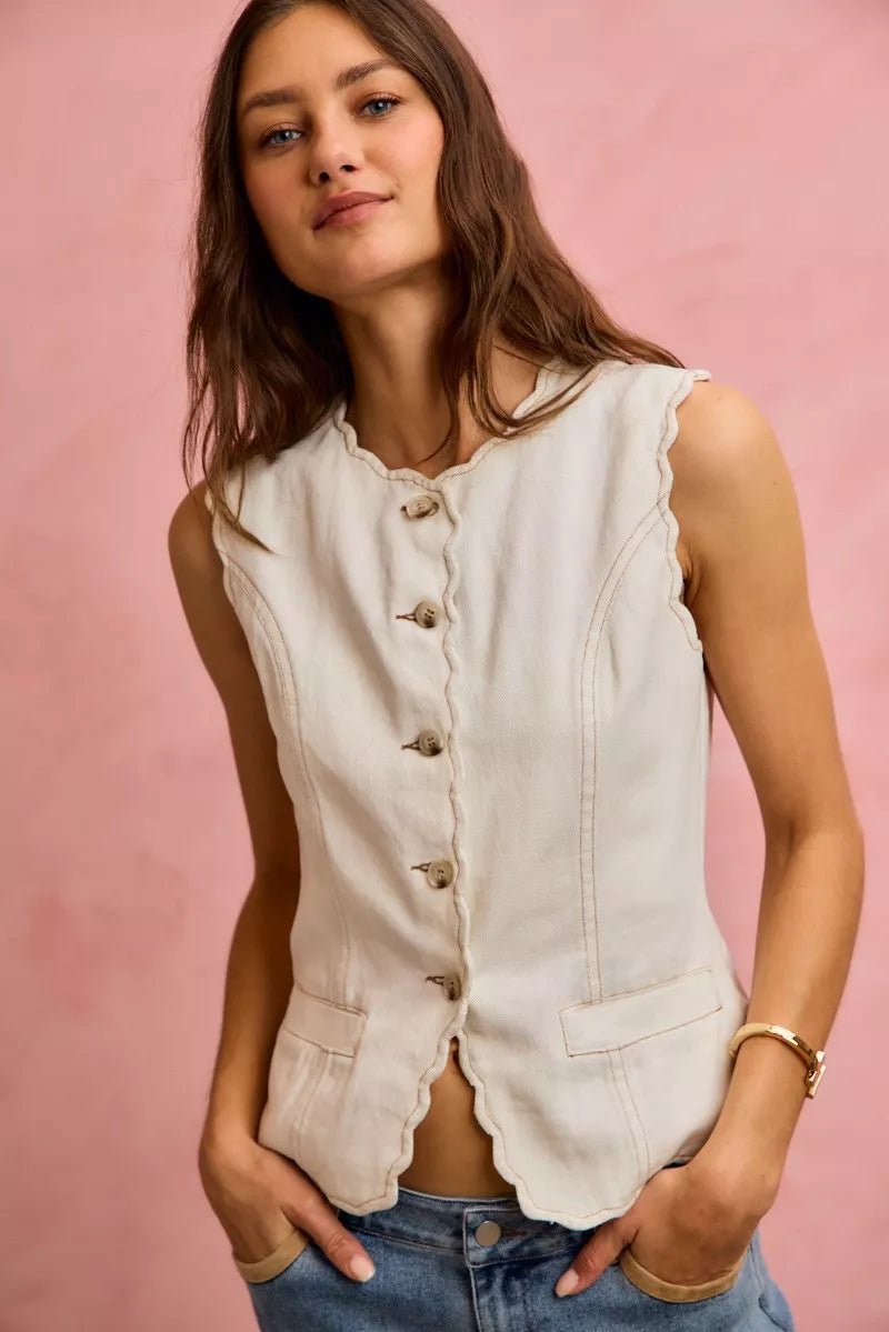 Scalloped Edge Cotton Twill Vest Top - 